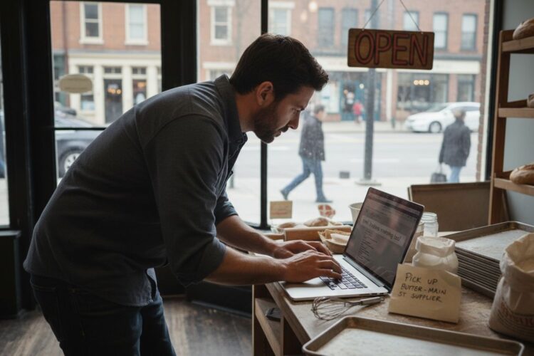 A man in a gray shirt works on a laptop in a bakery near an open sign.
