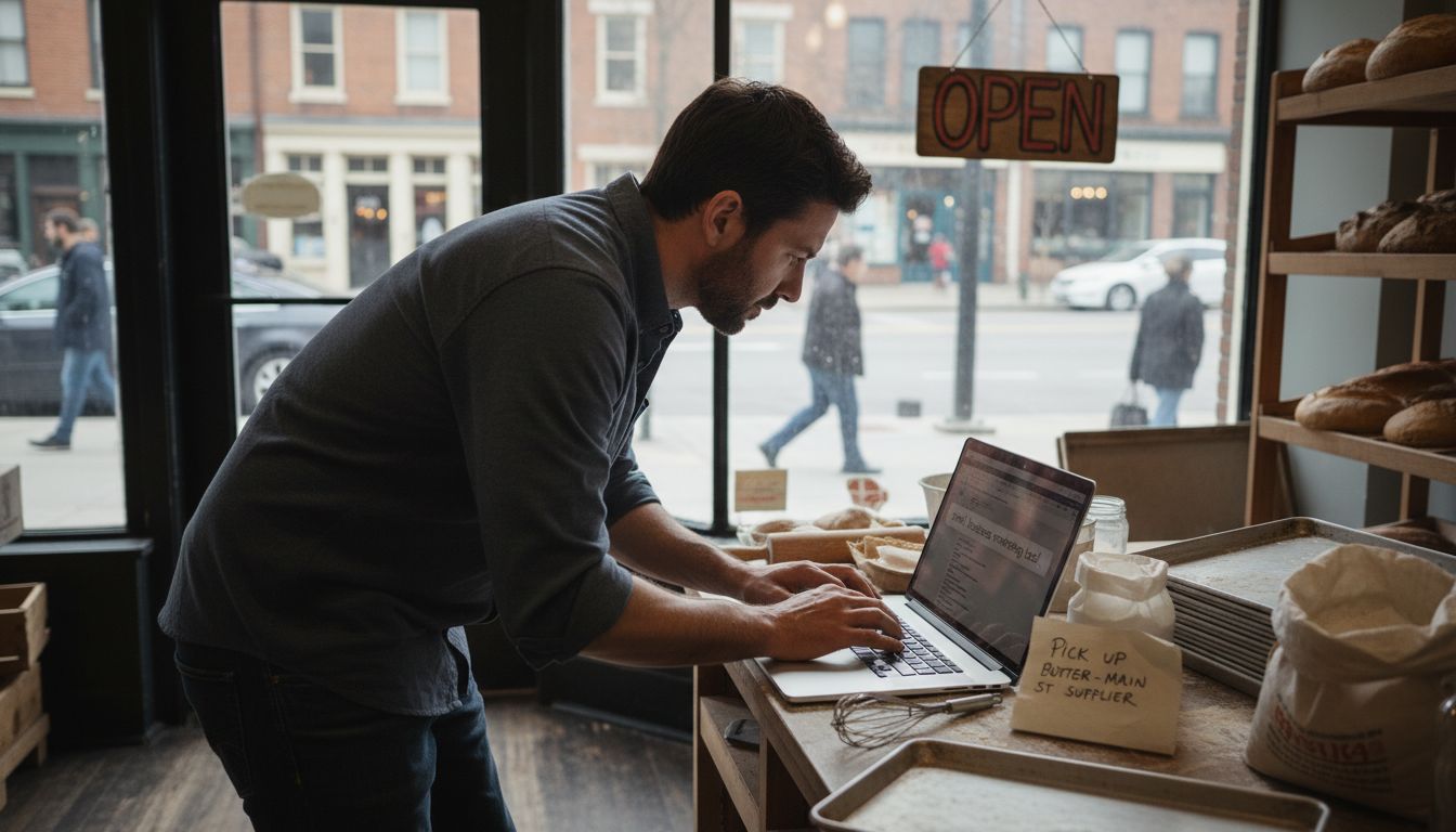 A man in a gray shirt works on a laptop in a bakery near an open sign.