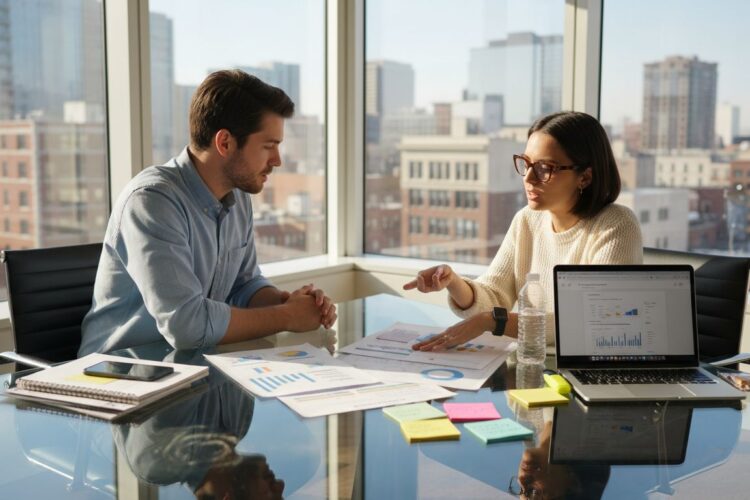 Two colleagues sit at a glass desk discussing charts and data in a high-rise city office.