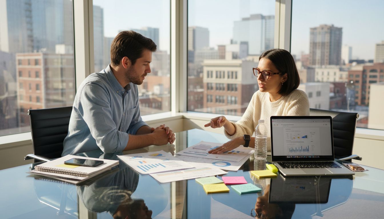 Two colleagues sit at a glass desk discussing charts and data in a high-rise city office.
