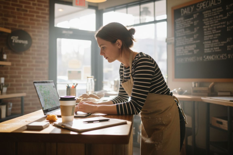A woman wearing an apron works on a laptop behind a cafe counter with coffee and pastries.