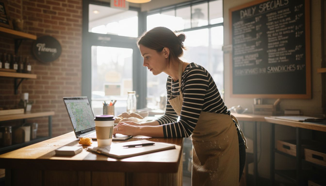 A woman wearing an apron works on a laptop behind a cafe counter with coffee and pastries.