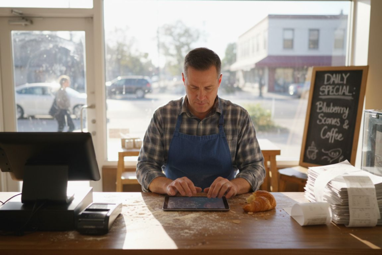 A male shop owner in a blue apron uses a digital tablet at a cafe checkout counter.