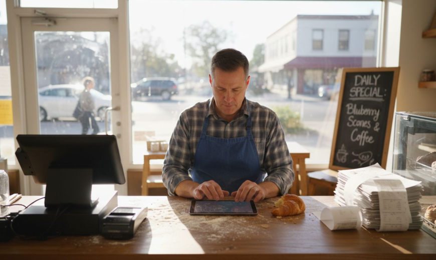 A male shop owner in a blue apron uses a digital tablet at a cafe checkout counter.