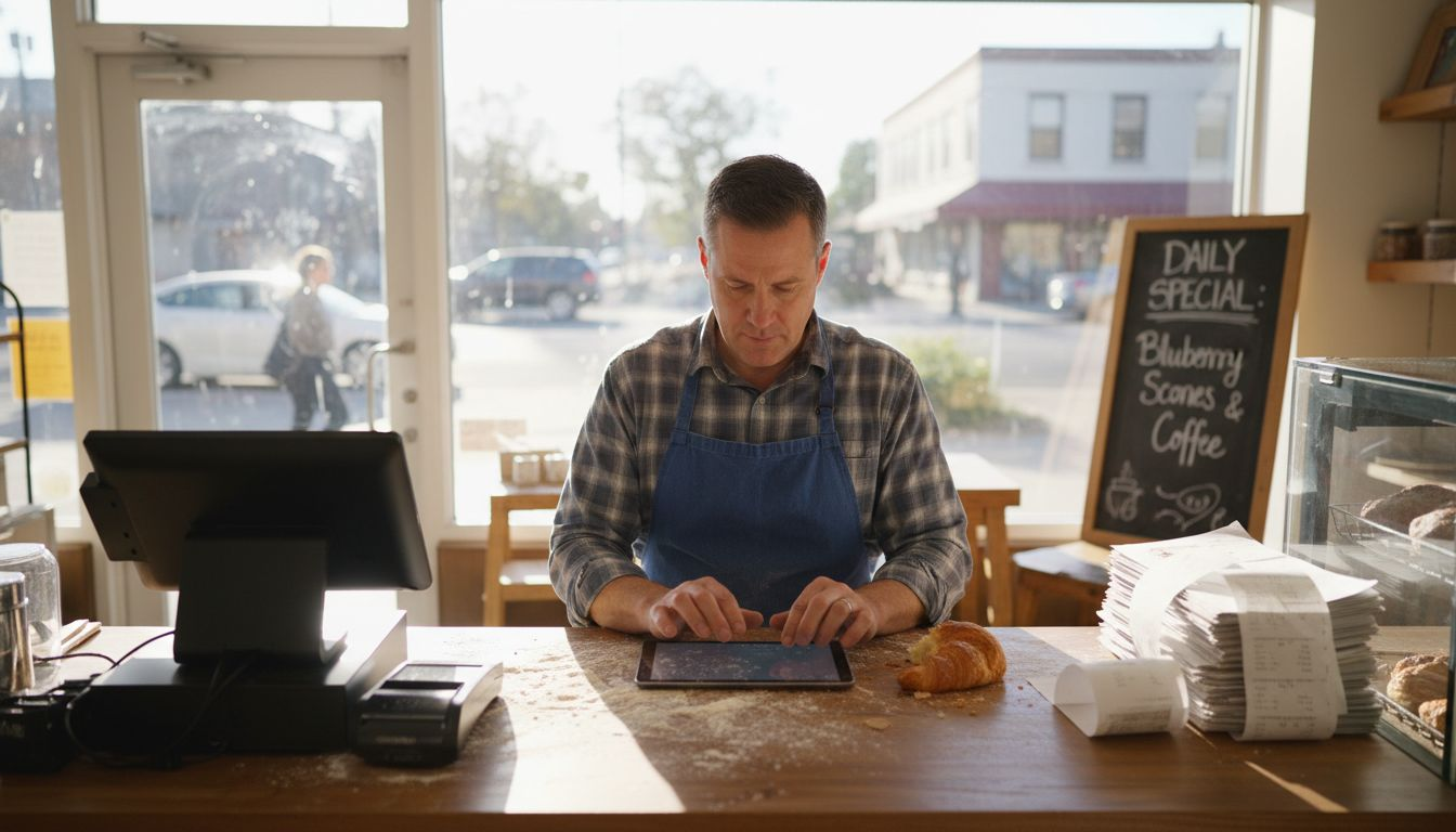 A male shop owner in a blue apron uses a digital tablet at a cafe checkout counter.