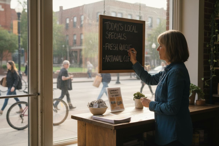 A woman in a denim shirt writes daily food specials on a chalkboard inside a sunny cafe.
