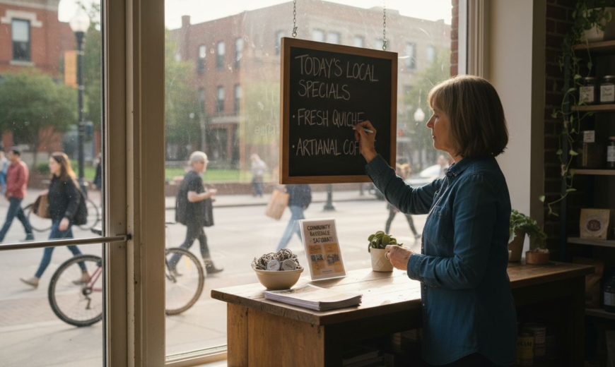A woman in a denim shirt writes daily food specials on a chalkboard inside a sunny cafe.