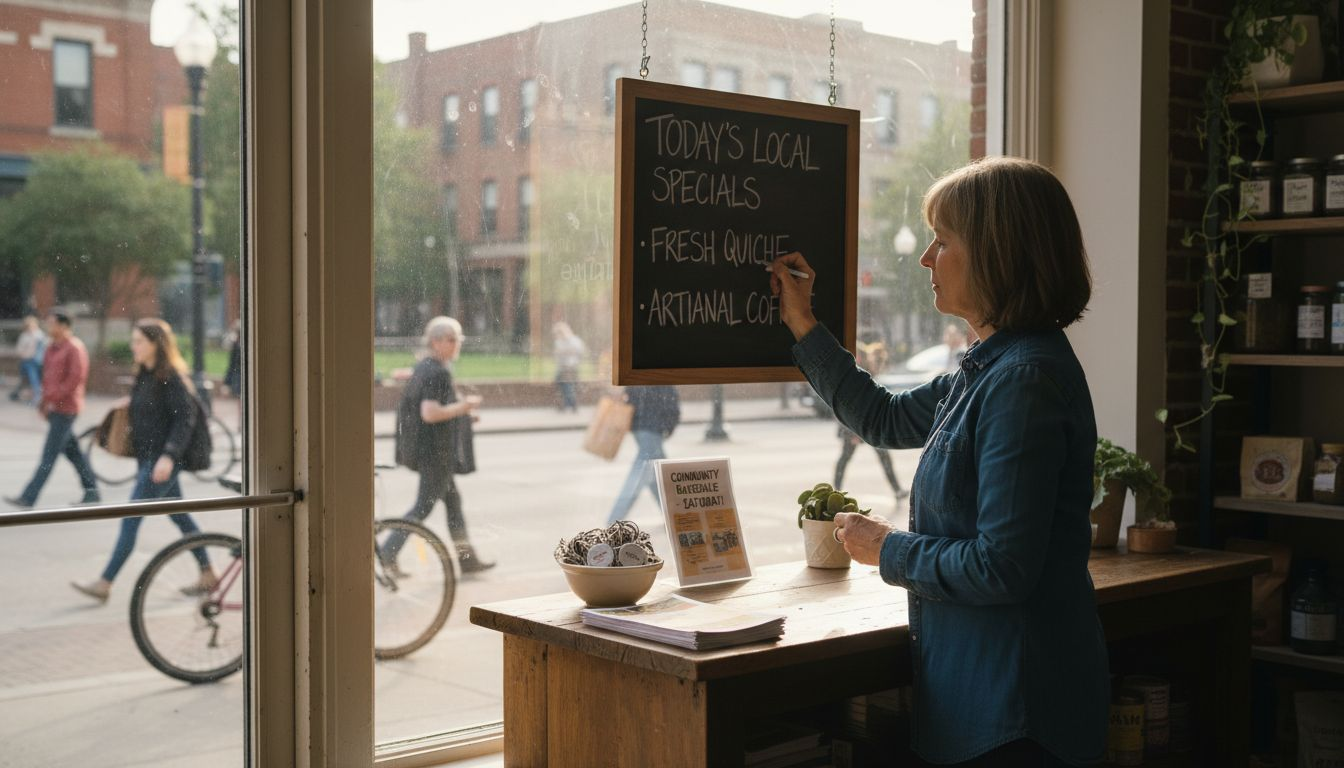 A woman in a denim shirt writes daily food specials on a chalkboard inside a sunny cafe.