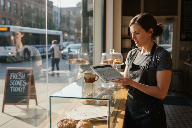 A female baker in an apron holds a tablet showing a map inside a bright bakery shop.