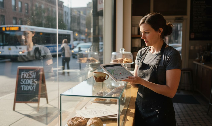 A female baker in an apron holds a tablet showing a map inside a bright bakery shop.