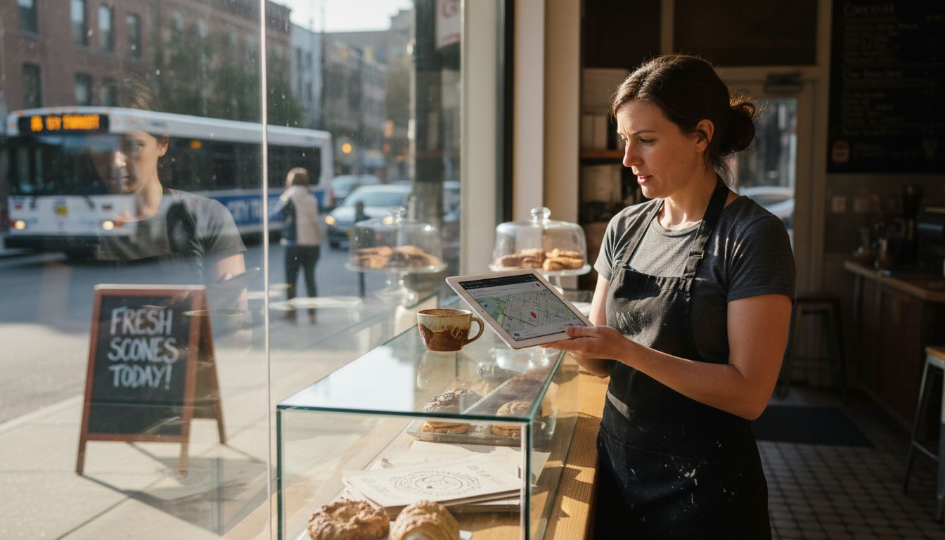 A female baker in an apron holds a tablet showing a map inside a bright bakery shop.