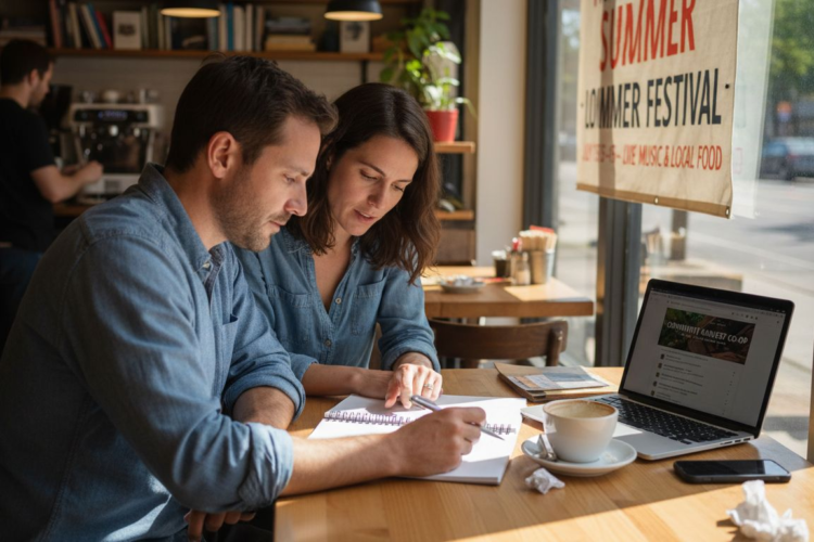 Man and woman collaborating in a cafe, writing in a notebook near a laptop and coffee.