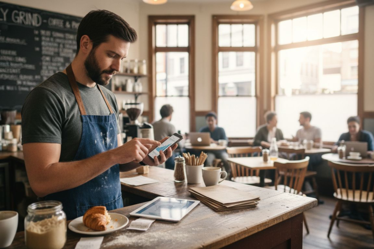 A barista in a blue apron checks business analytics on his smartphone at a busy coffee shop counter.