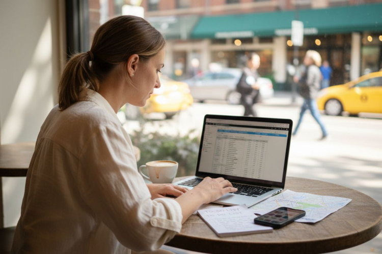 A woman in a white shirt works on her laptop at a cafe overlooking a busy street.