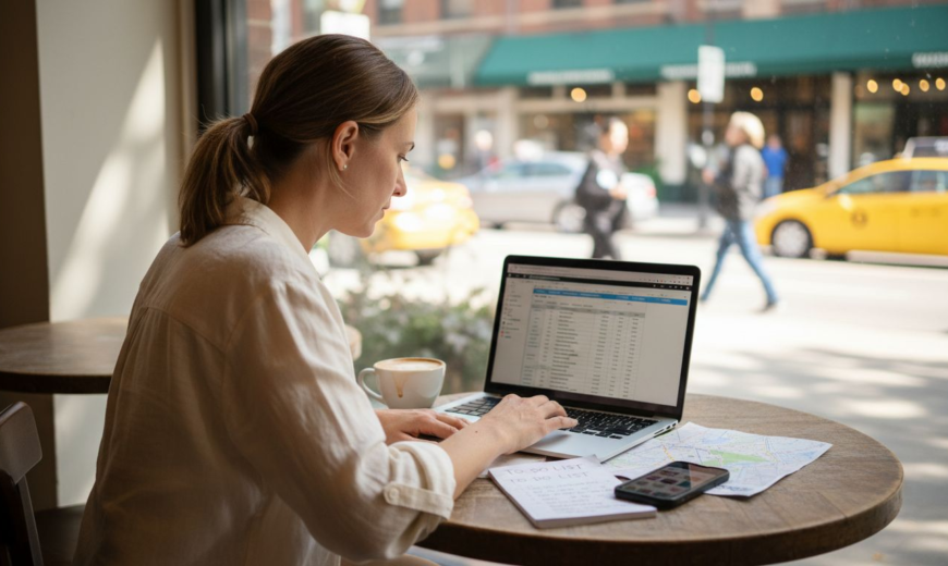 A woman in a white shirt works on her laptop at a cafe overlooking a busy street.