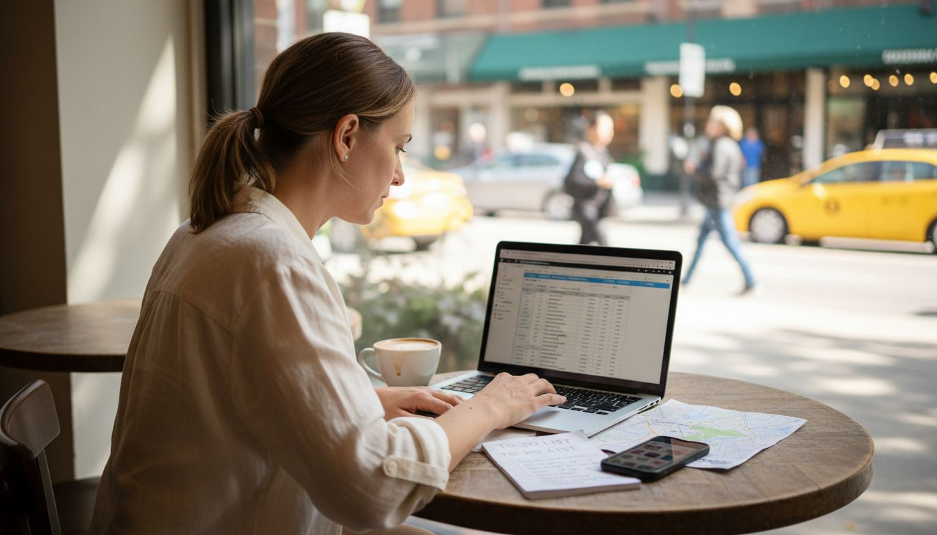 A woman in a white shirt works on her laptop at a cafe overlooking a busy street.