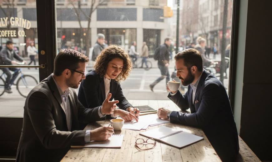 Three business professionals in suits discuss documents over coffee at a wooden table in a sunlit cafe.