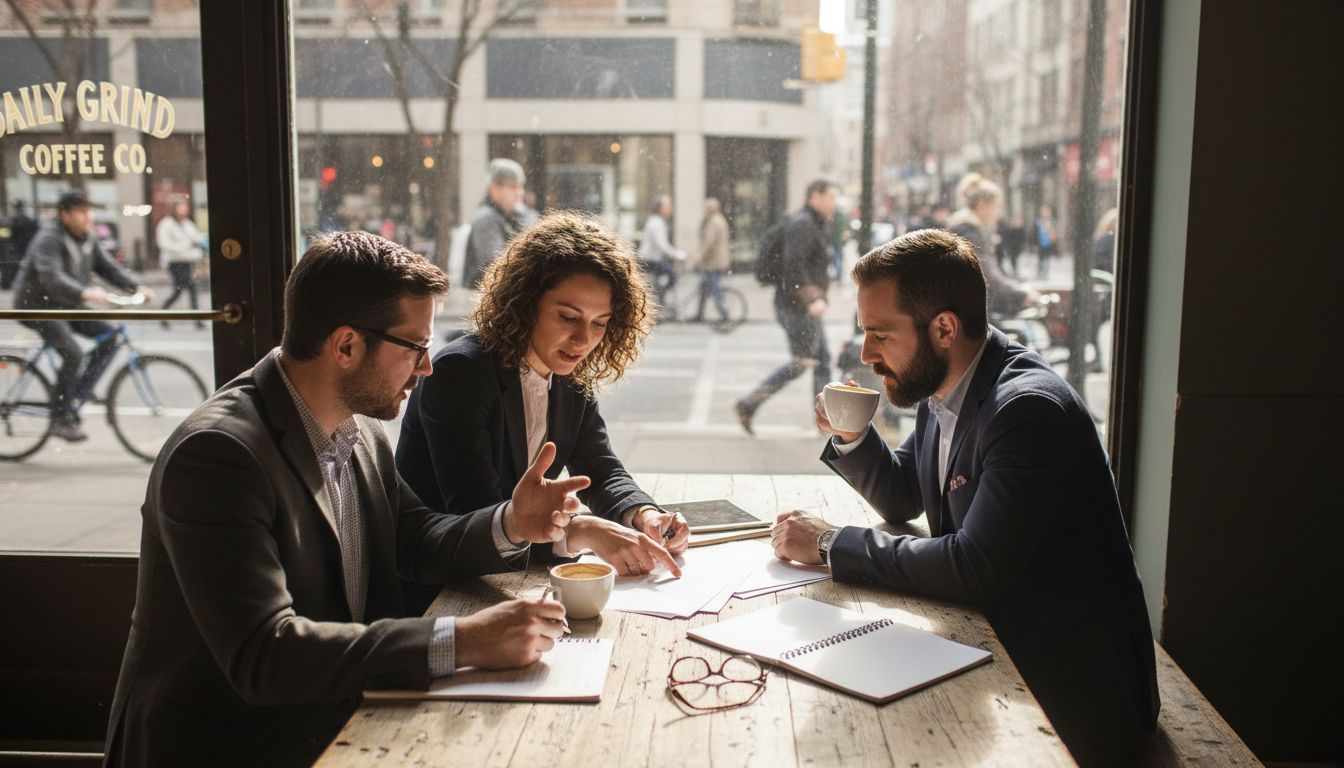 Three business professionals in suits discuss documents over coffee at a wooden table in a sunlit cafe.