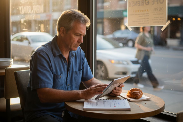 Aperson reading something on his tab while having a fast food