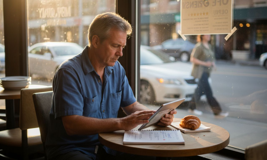 Aperson reading something on his tab while having a fast food