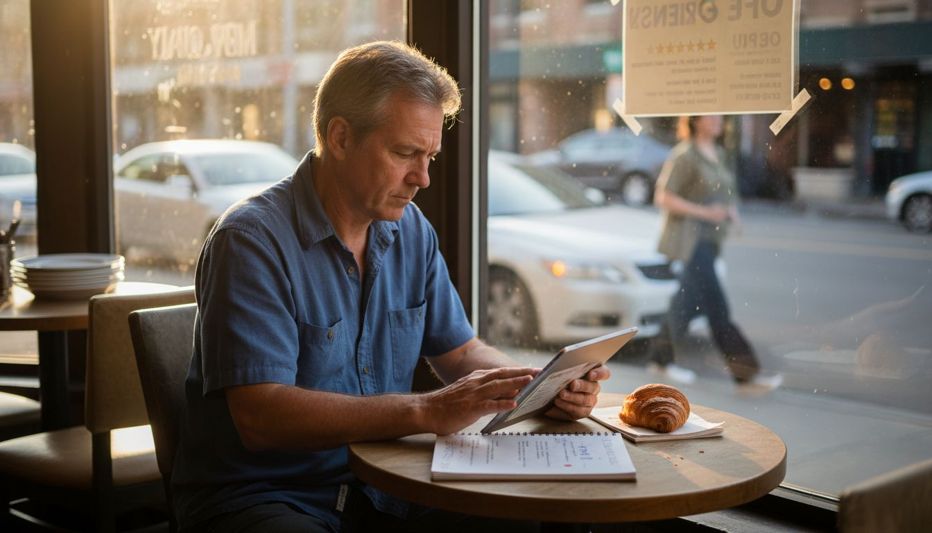 Aperson reading something on his tab while having a fast food