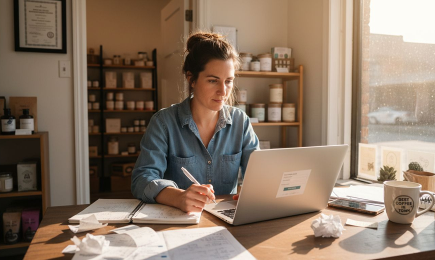 a girl working on computer while having Dest coffee in Tows