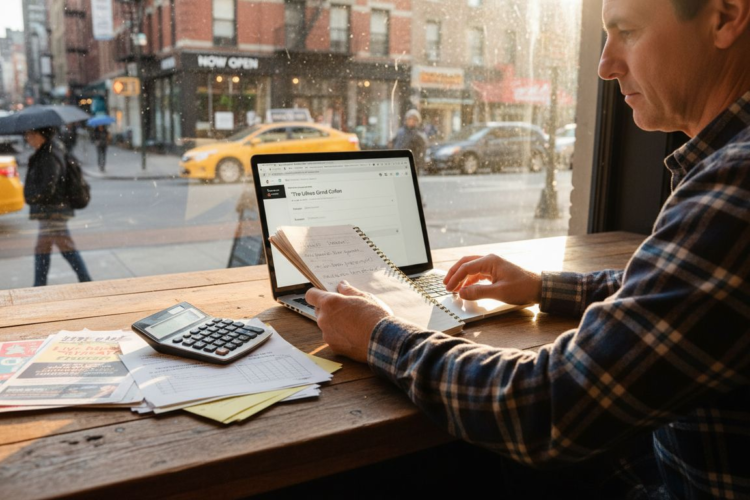 a person calculating the reports with a notebook and computer