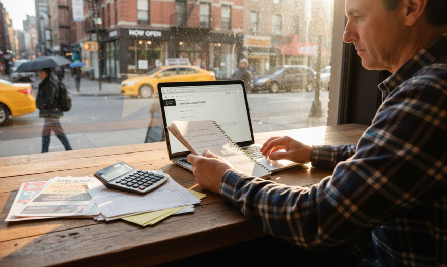 a person calculating the reports with a notebook and computer