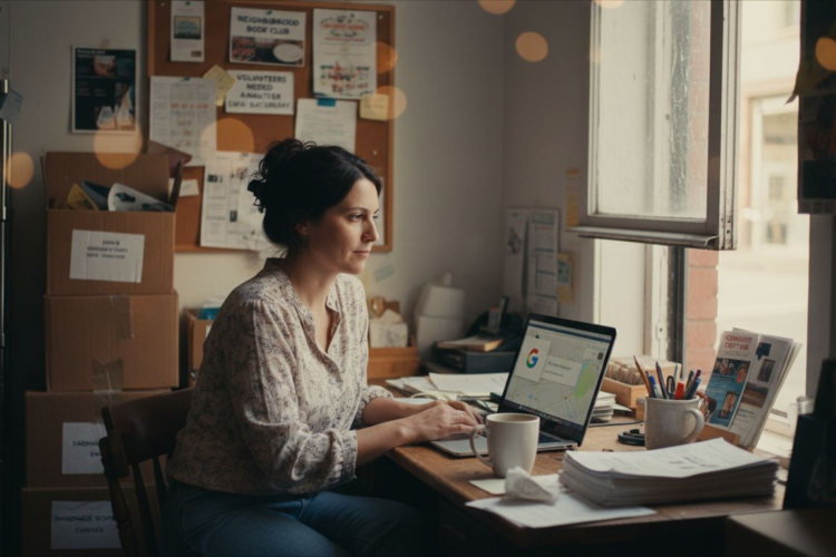 A girl working with a cup of Tea on Google business profile