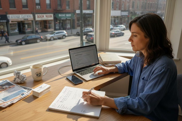 A woman in a blue shirt works at a wooden desk with a laptop and notebook.