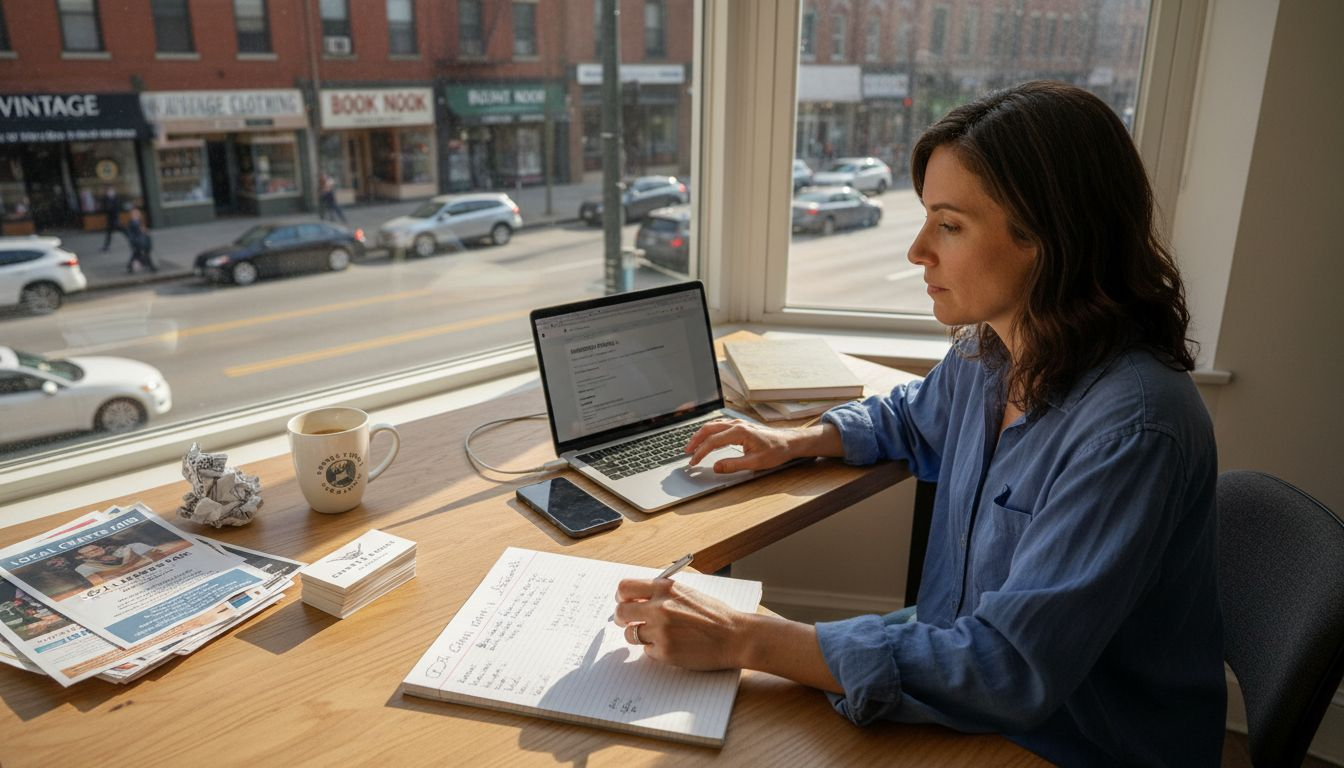 A woman in a blue shirt works at a wooden desk with a laptop and notebook.
