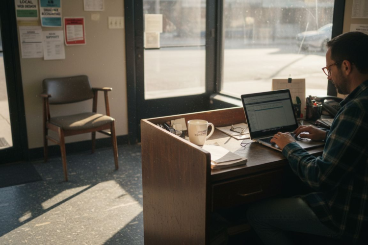 A man in a plaid shirt works on a laptop at a sunlit desk with a mug.