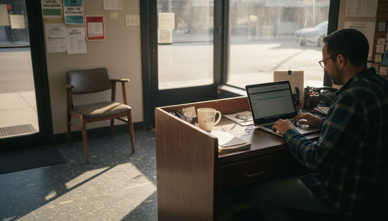 A man in a plaid shirt works on a laptop at a sunlit desk with a mug.