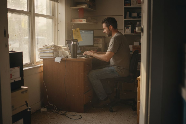 A man works on a laptop at a cluttered desk by a window in a dimly lit office.