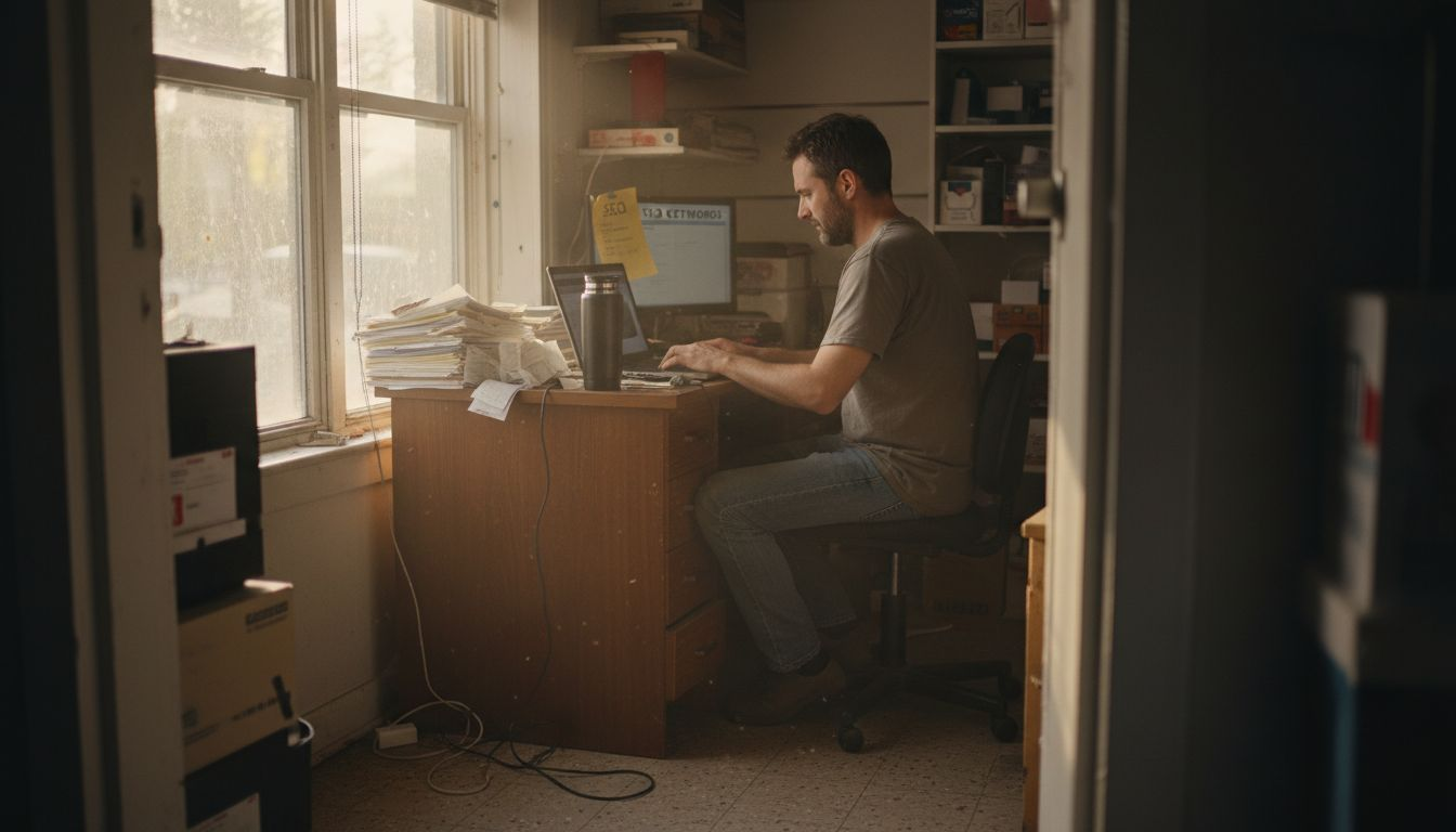 A man works on a laptop at a cluttered desk by a window in a dimly lit office.