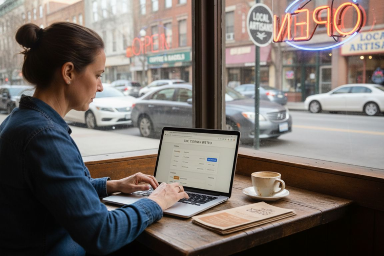 Woman in a blue shirt works on her laptop at a cafe window with street views.
