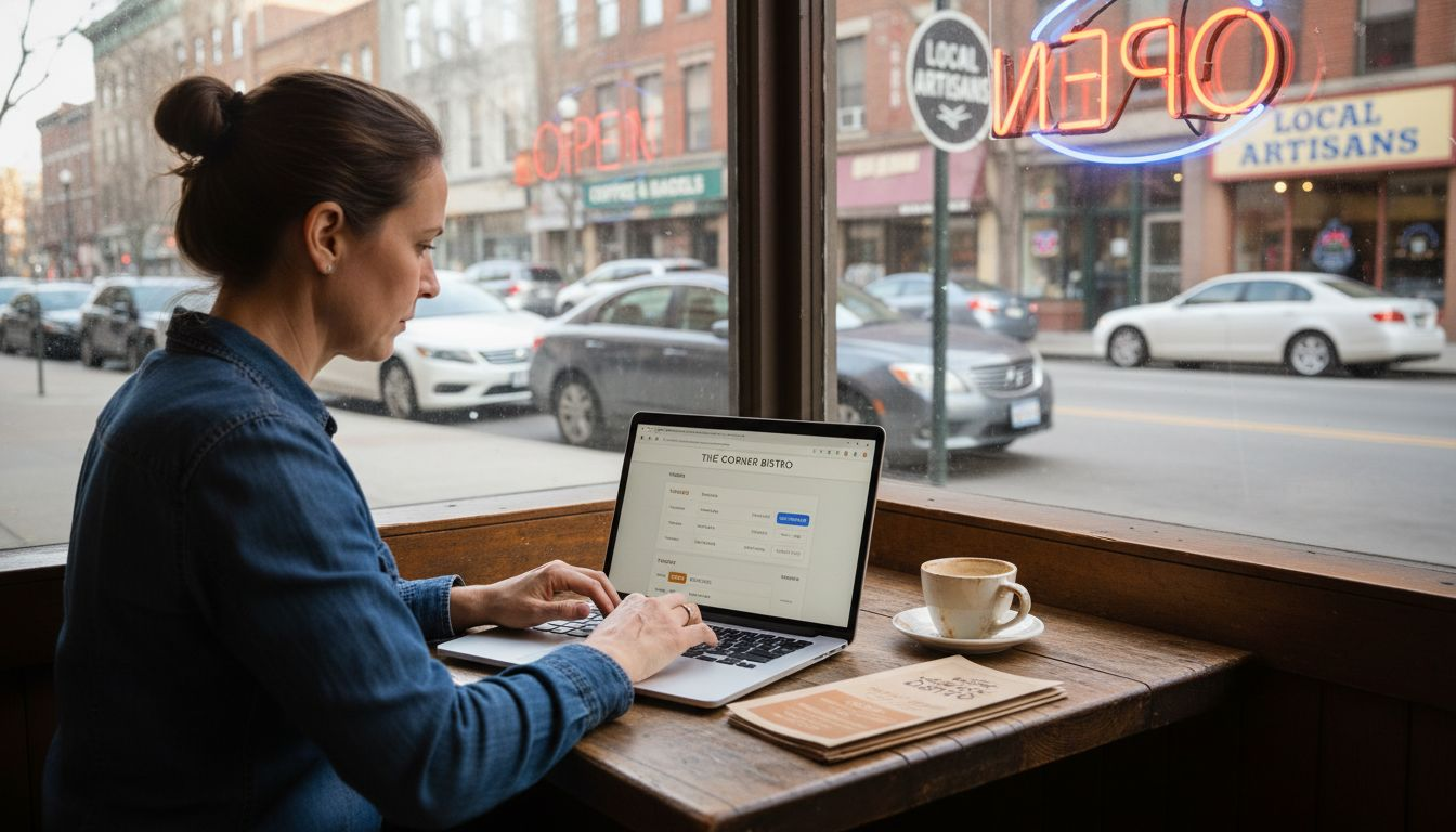 Woman in a blue shirt works on her laptop at a cafe window with street views.