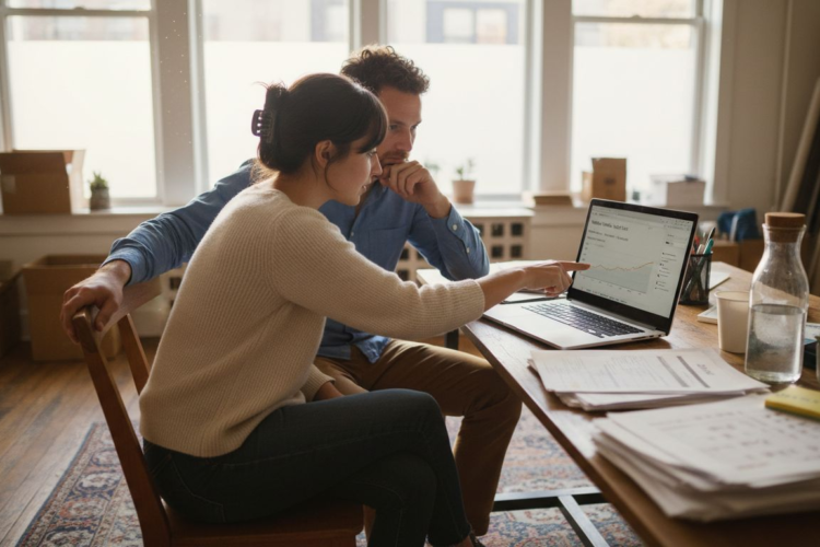 A man and woman sit at a wooden desk looking at a laptop screen with data charts.