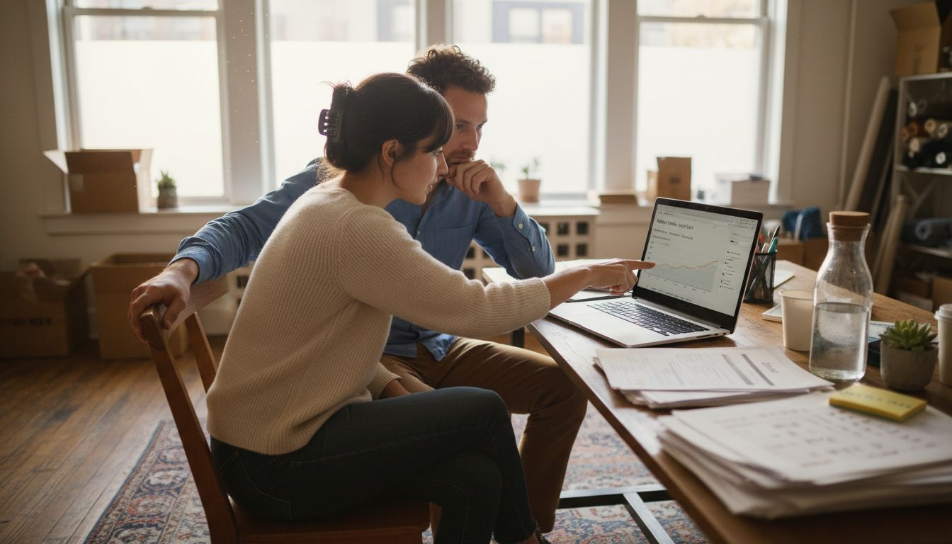 A man and woman sit at a wooden desk looking at a laptop screen with data charts.