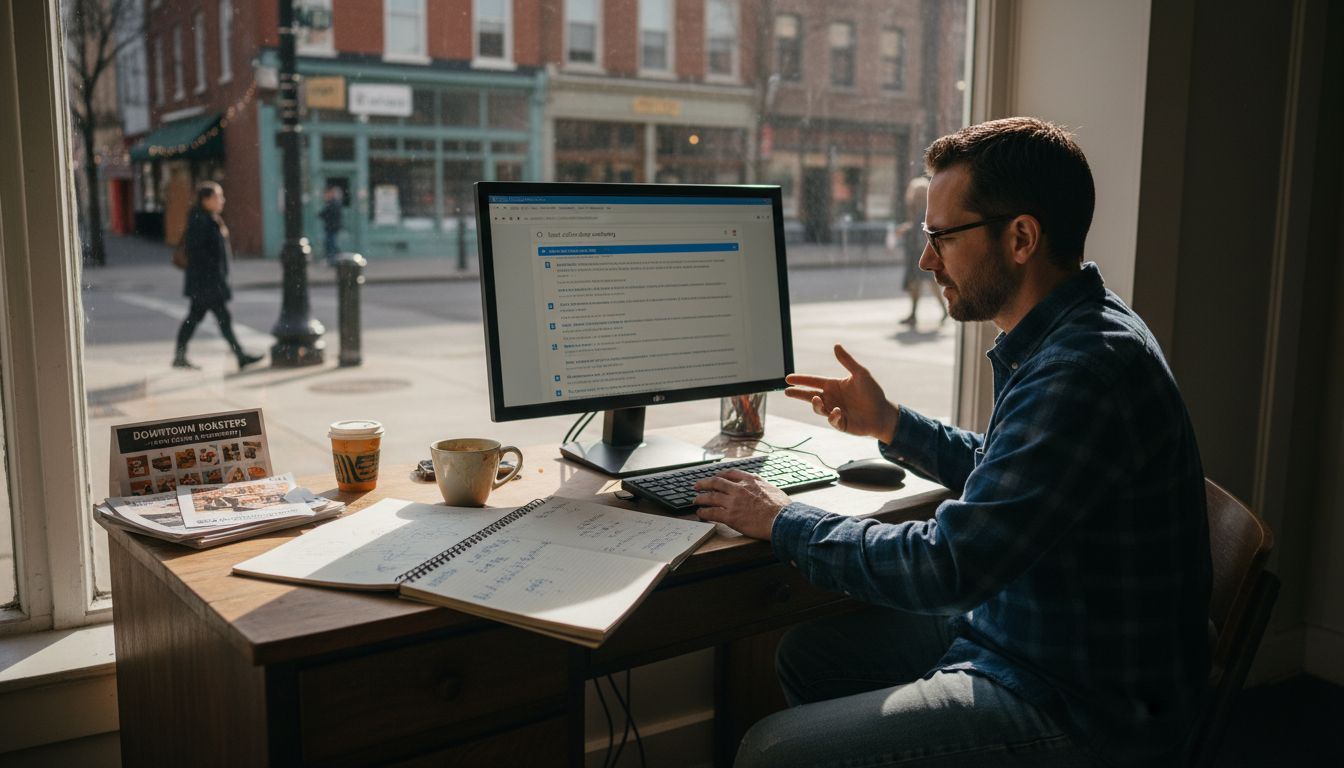 Man in a blue shirt working on a computer at a desk overlooking a city street.