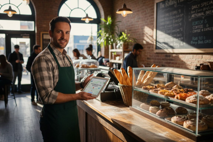A smiling male baker in a green apron holds a tablet inside a busy, sunlit brick bakery.