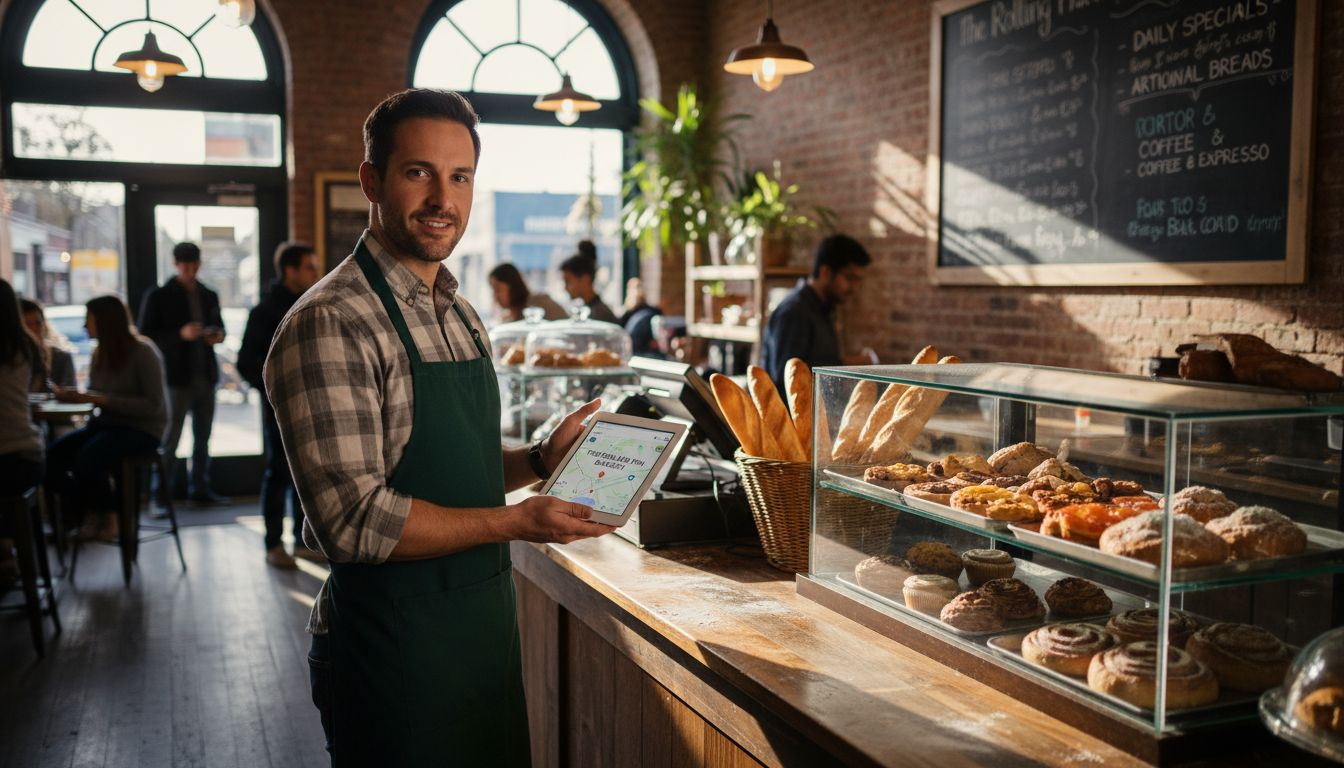A smiling male baker in a green apron holds a tablet inside a busy, sunlit brick bakery.