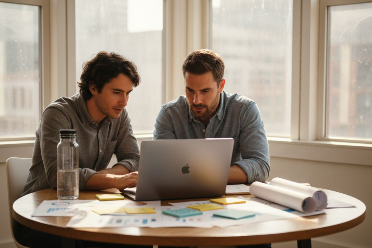 Two men in casual shirts sit at a round table looking intently at a silver laptop computer.