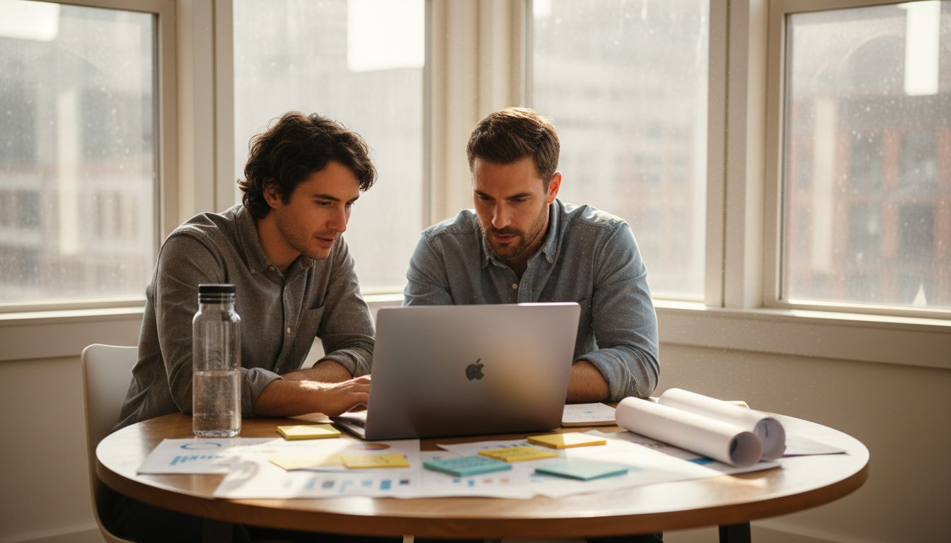 Two men in casual shirts sit at a round table looking intently at a silver laptop computer.