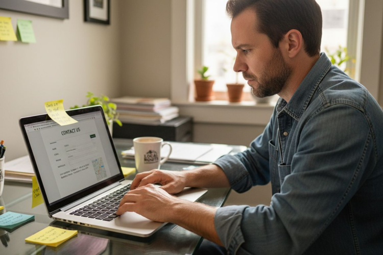 A man in a denim shirt types on a laptop displaying a contact form at home.