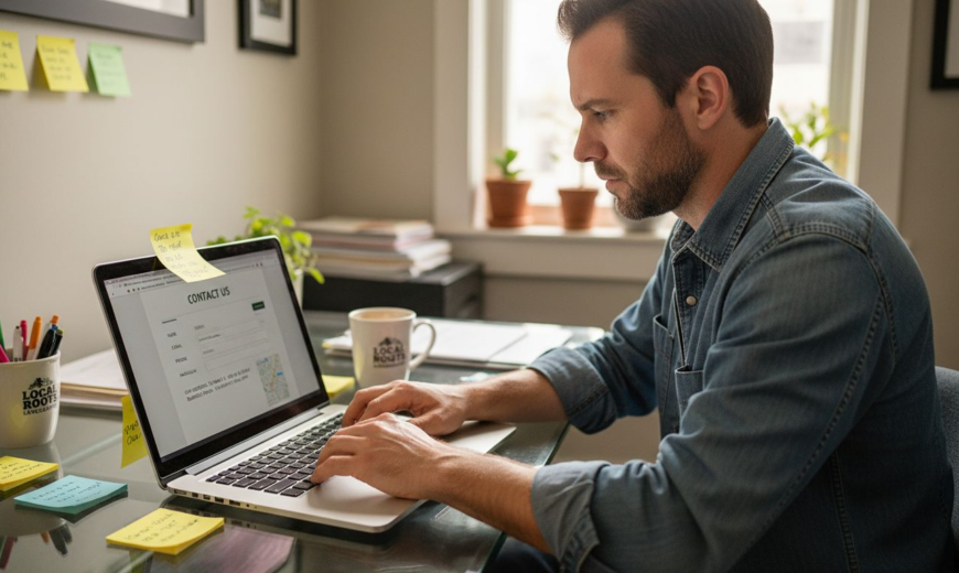 A man in a denim shirt types on a laptop displaying a contact form at home.