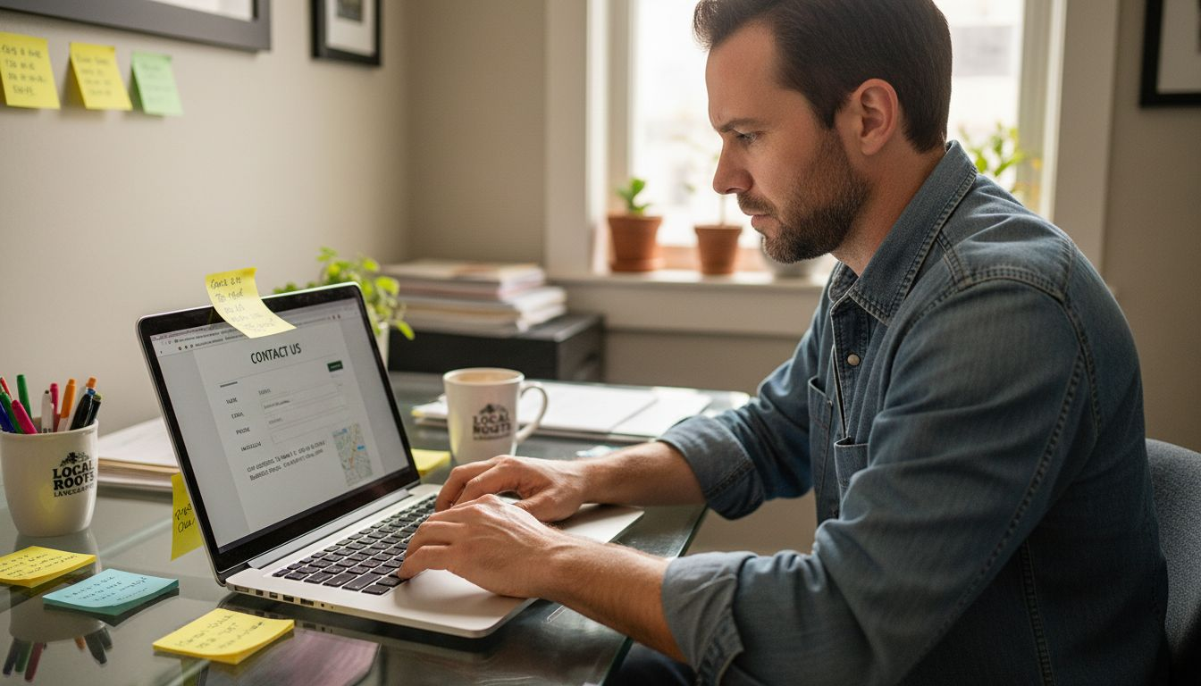 A man in a denim shirt types on a laptop displaying a contact form at home.