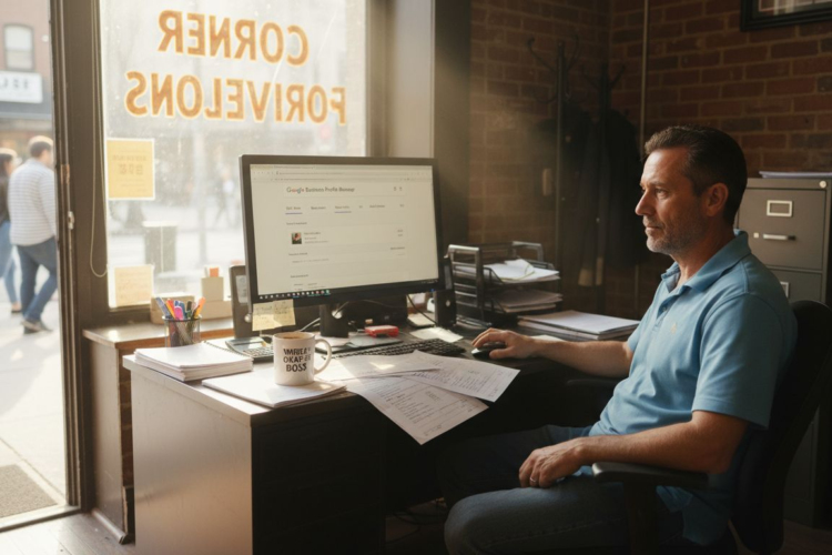 A man in a blue shirt works at a computer desk inside a small brick office.