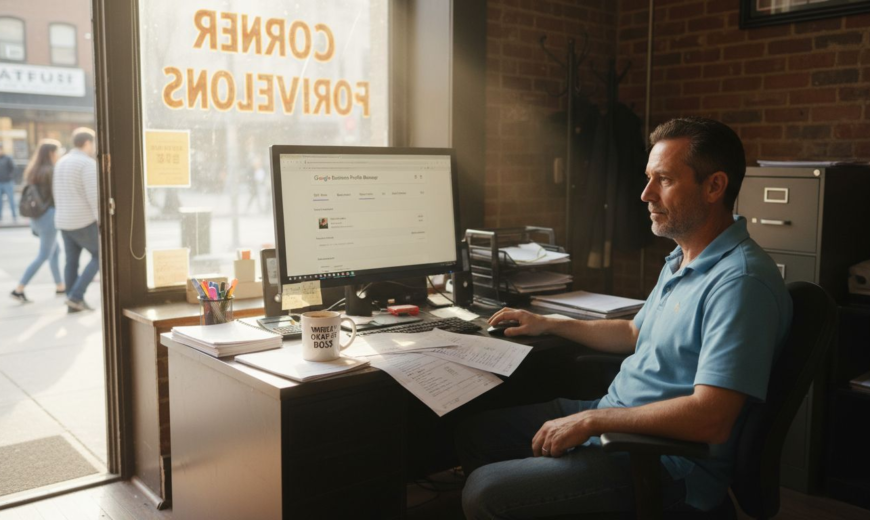 A man in a blue shirt works at a computer desk inside a small brick office.