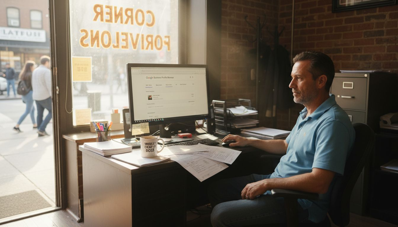 A man in a blue shirt works at a computer desk inside a small brick office.